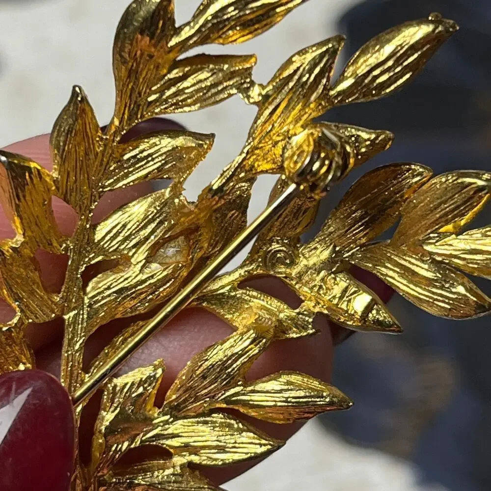 BSK Vintage Gold and Faux Pearl Leaf Brooch - Signed